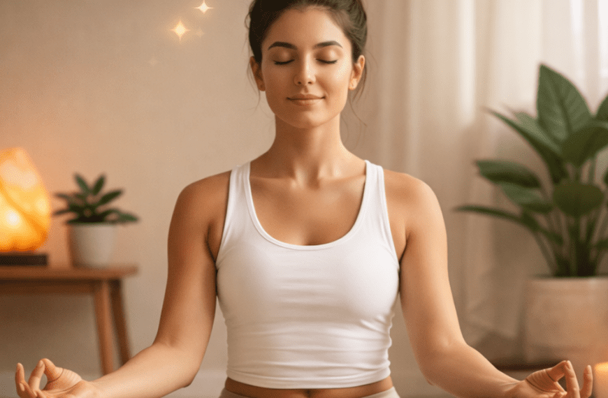 Woman practicing gentle yoga at home as part of a wellness routine
