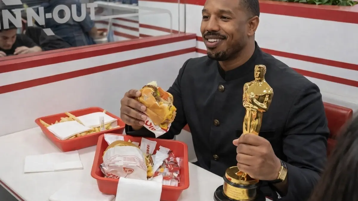 Michael B. Jordan with Oscar eating In-N-Out combo